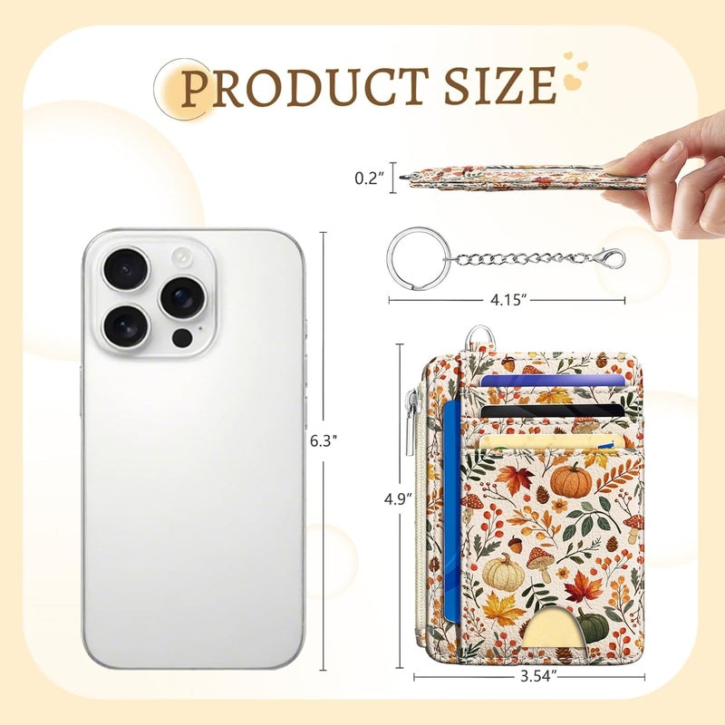Kelvoris Fall Leaves Credit Card Holder Small Wallet Women, Pumpkin Slim RFID Blocking Wallets Woman Keychain with Zipper Coin Pocket, Front Pocket Thin Travel Card Case with ID Window Ladies Gifts Autumn - Image 5